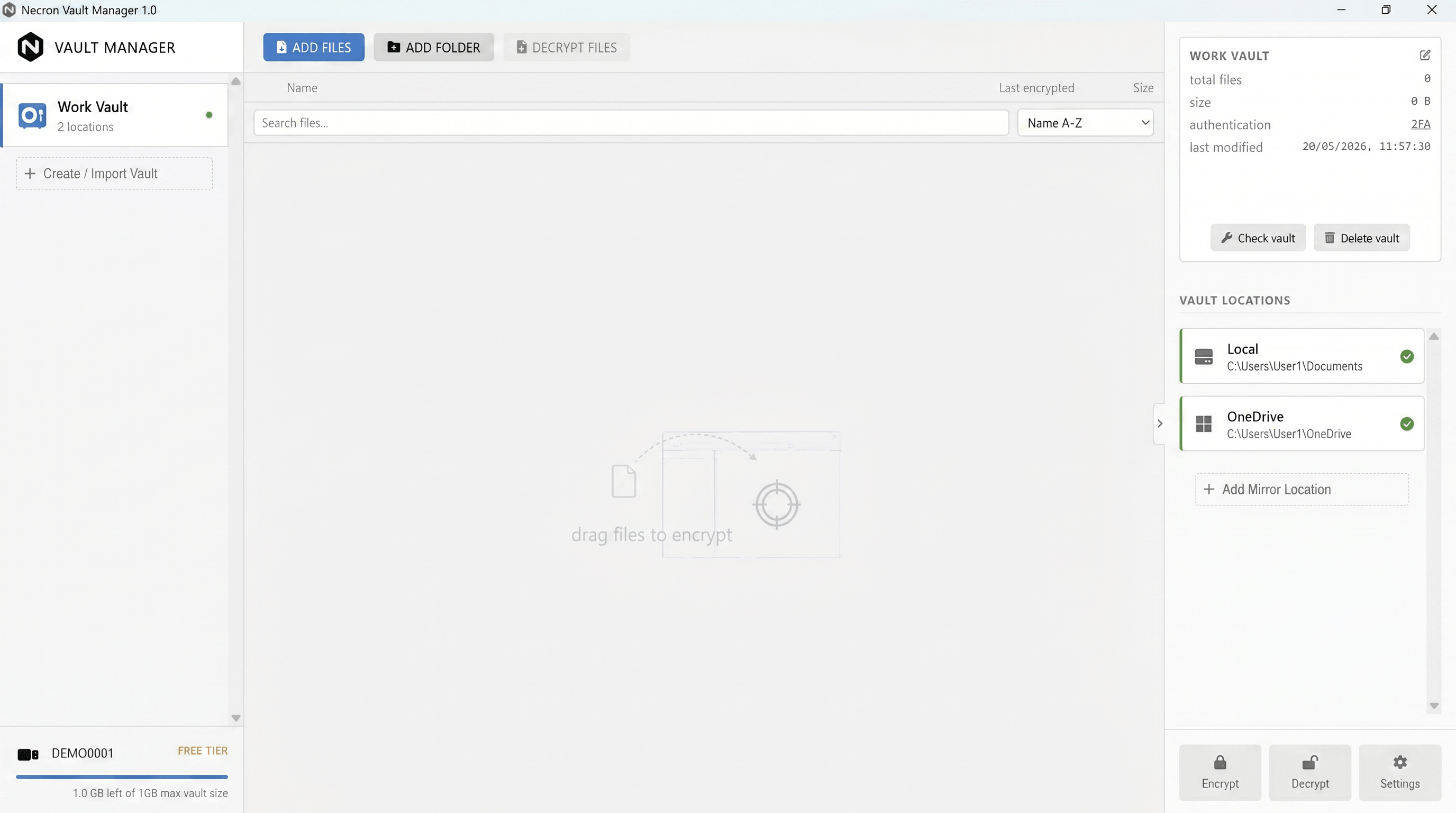 Empty vault selected in the vault browser