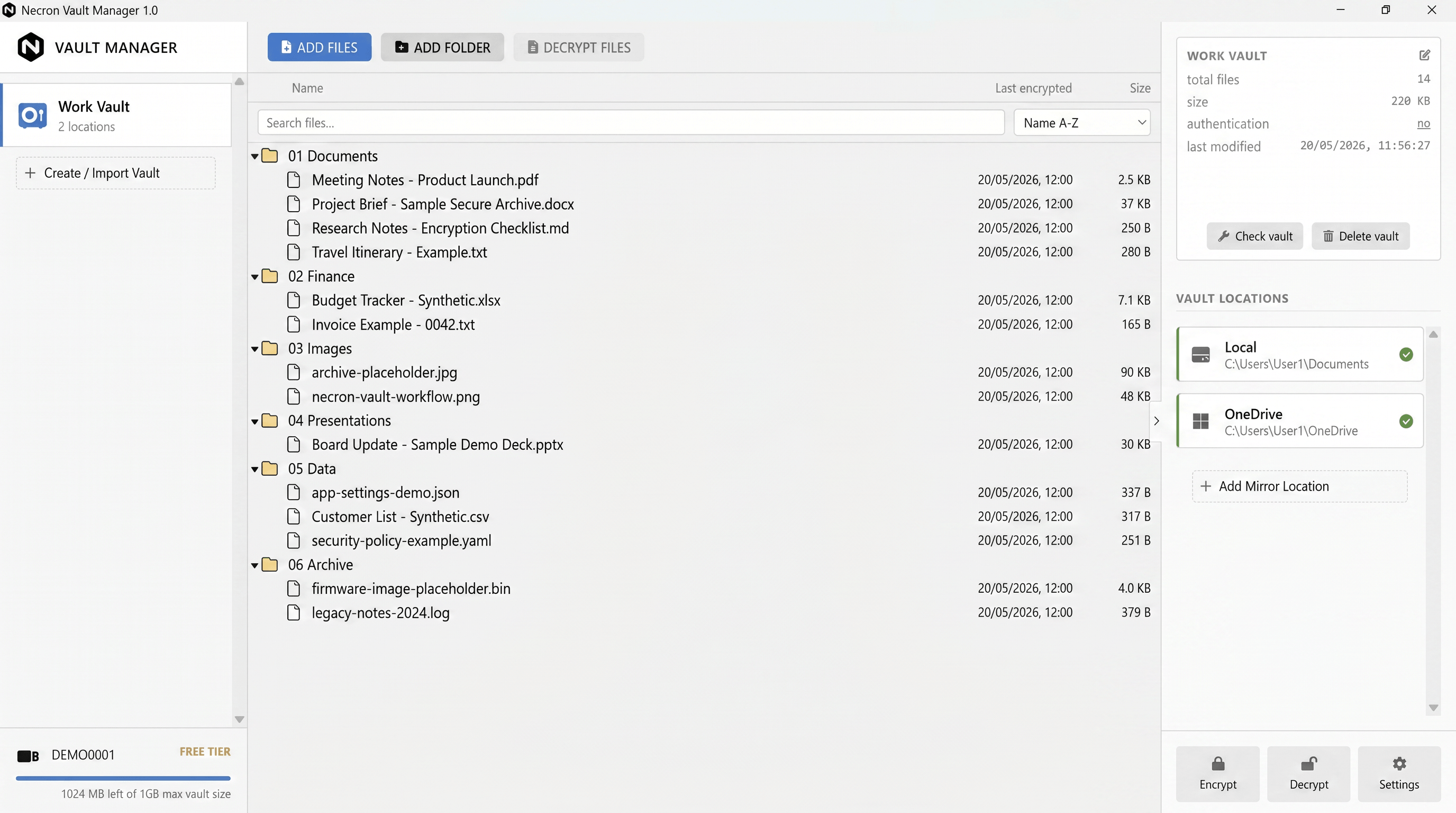 Full application layout showing the sidebar, vault browser, and inspector panel