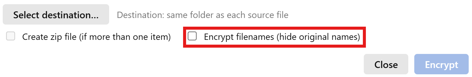 Encrypt filenames toggle in Quick Encrypt modal