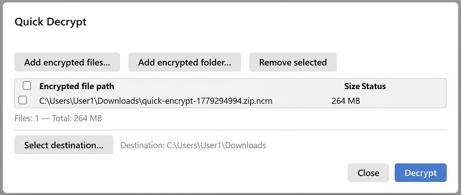 Quick Decrypt modal