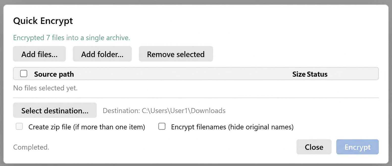 Quick Encrypt progress showing file statuses
