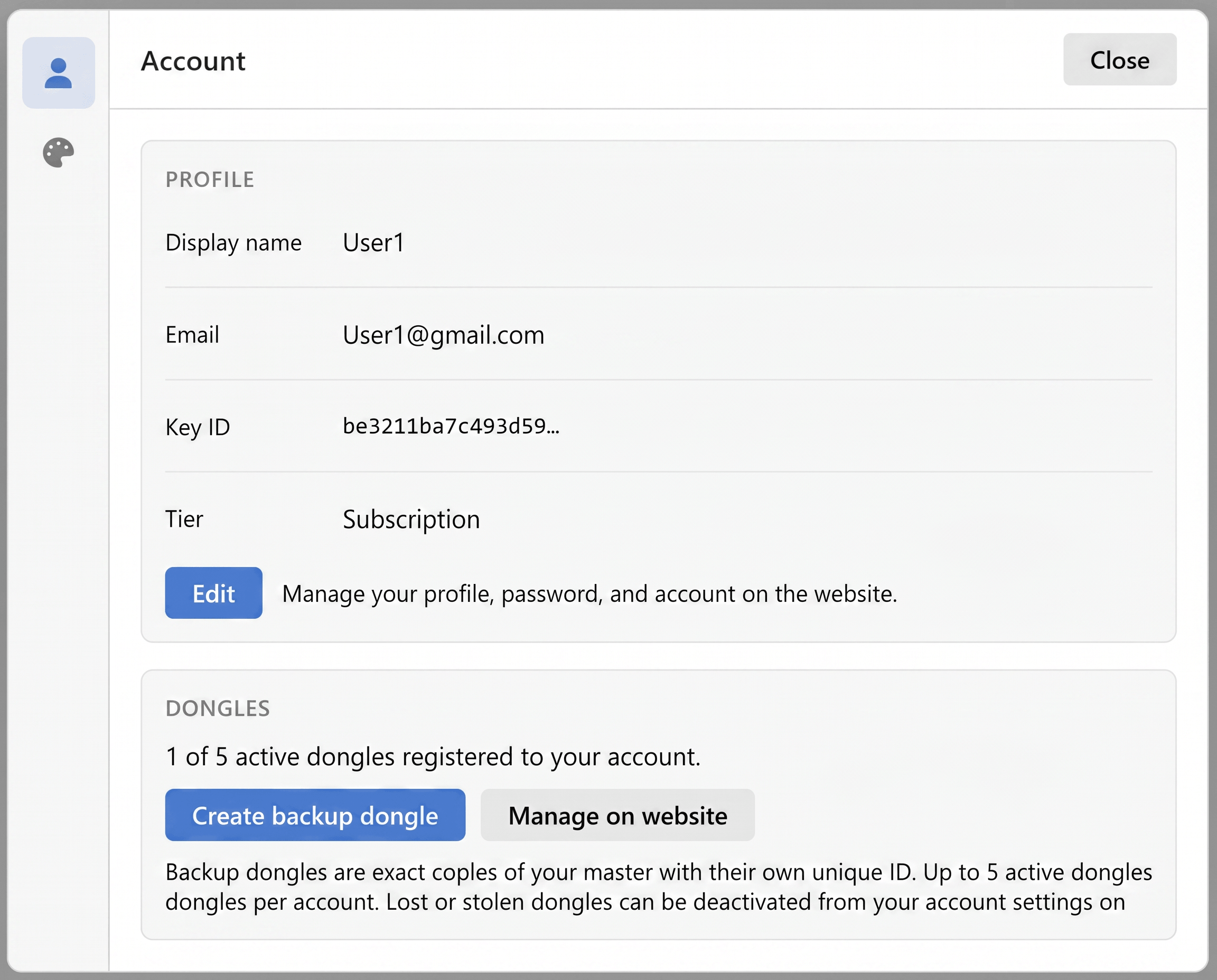 Settings modal — Account section