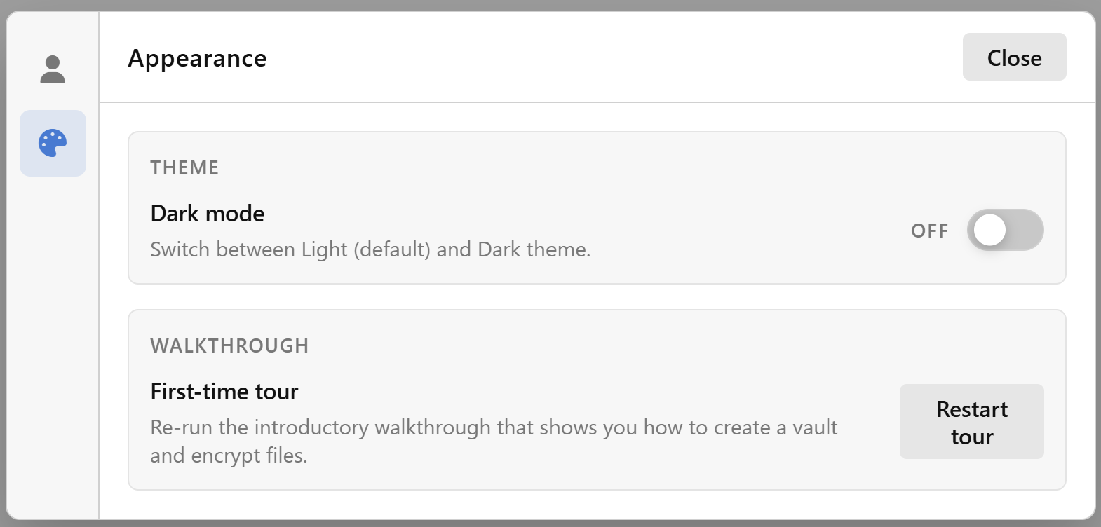 Settings modal — Appearance section