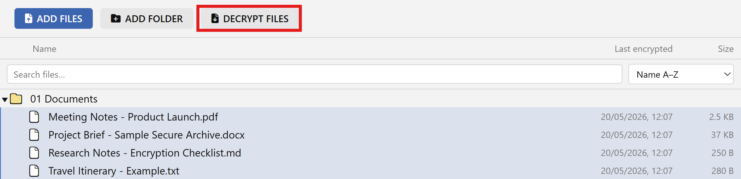 Toolbar with DECRYPT FILES highlighted