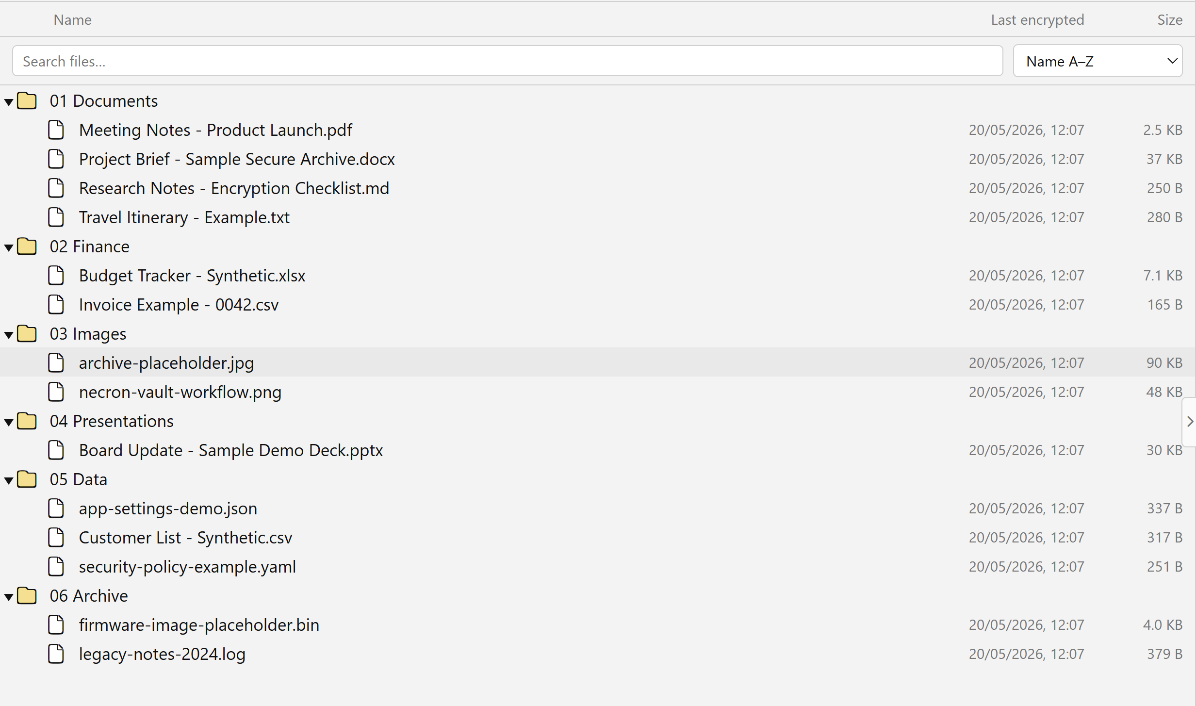 Vault browser tree showing files and folders with columns