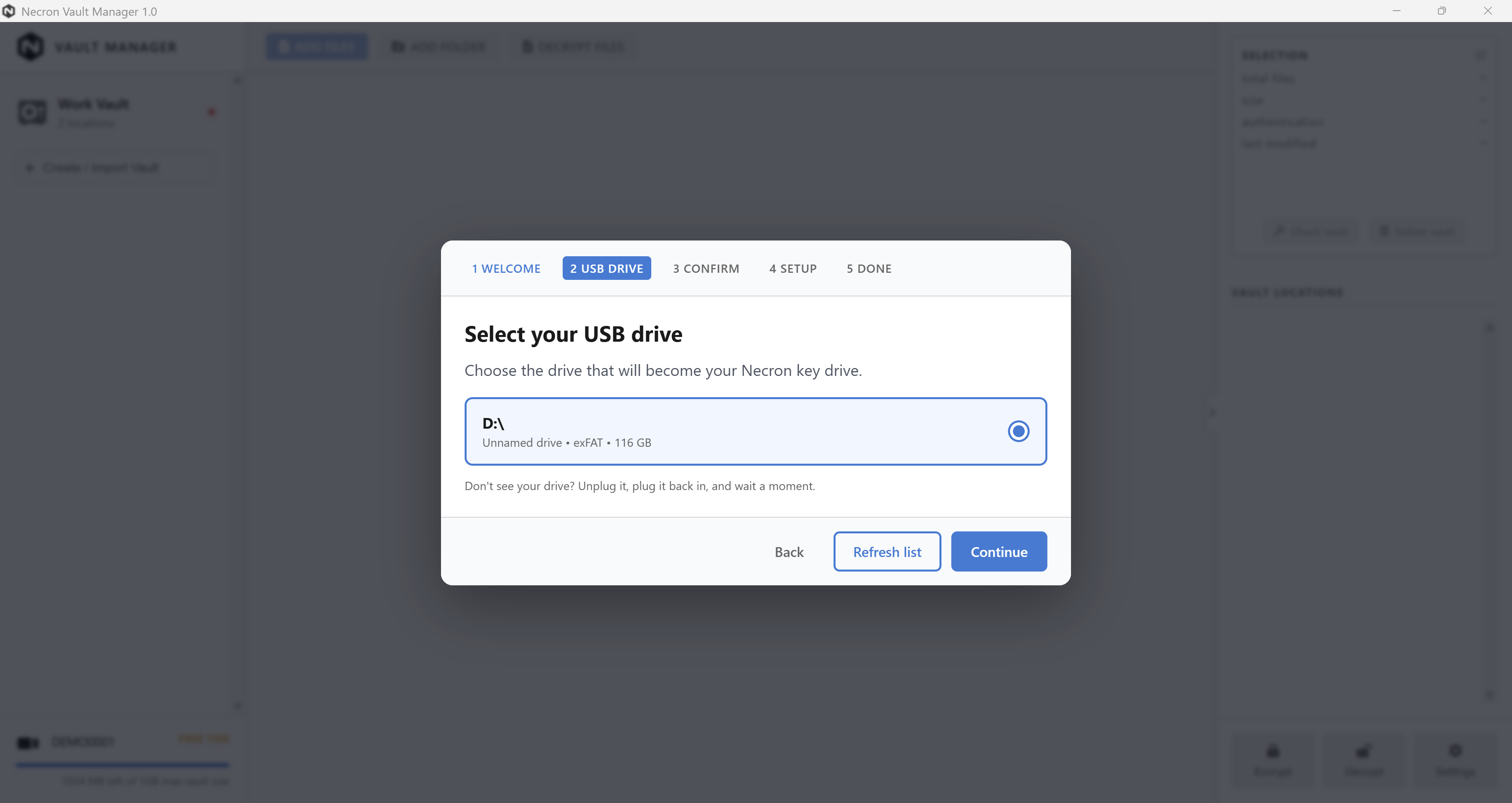 Key Drive setup wizard — insert USB drive