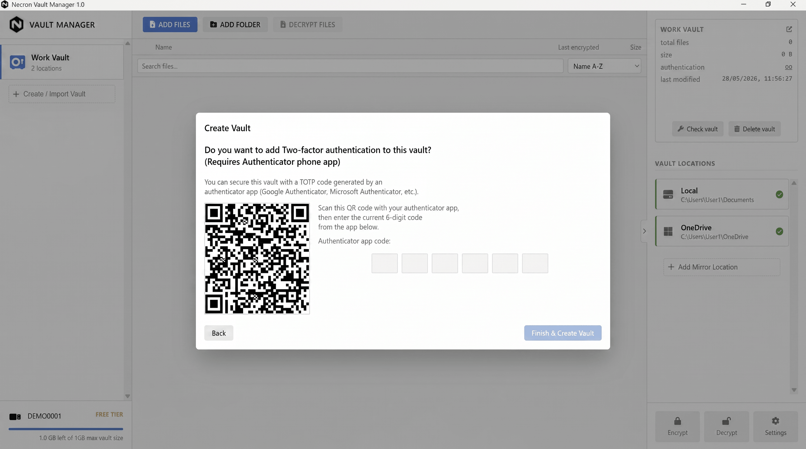 Create Vault wizard — TOTP authentication setup