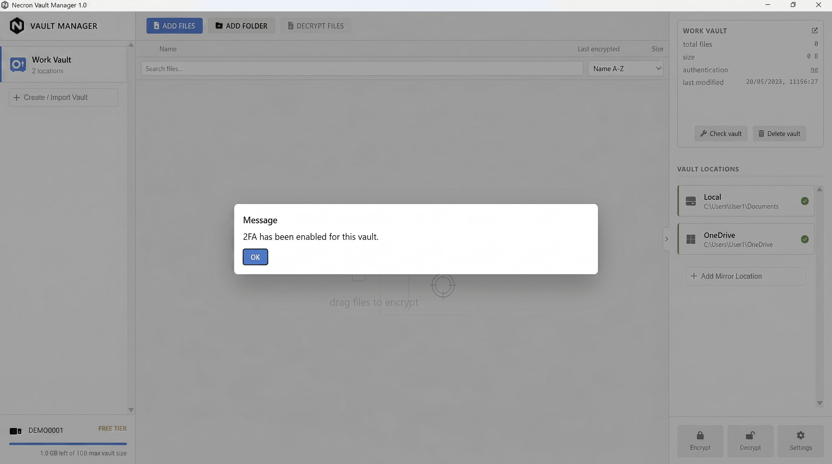 Completed vault creation — new vault in sidebar