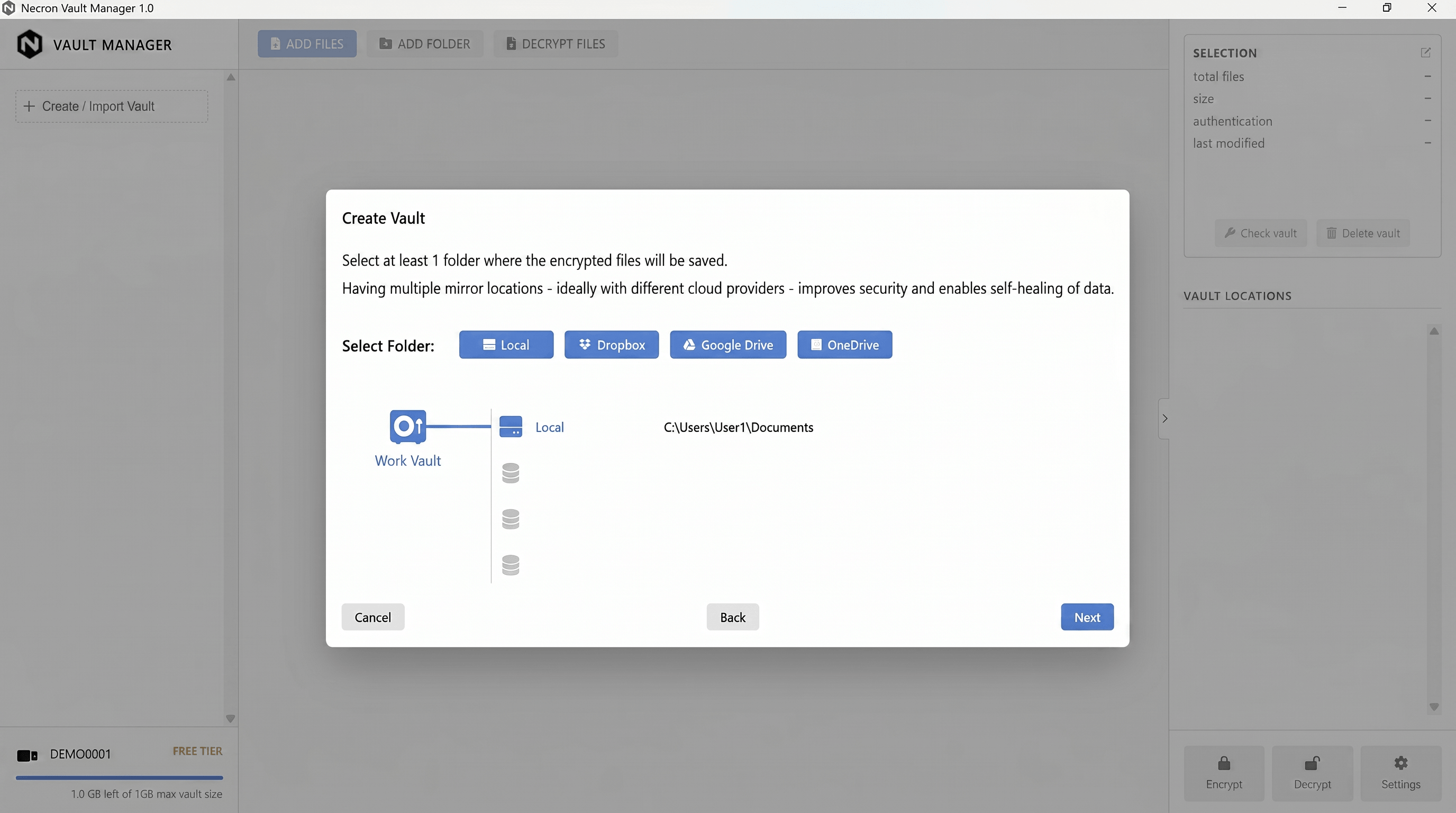 Create Vault wizard — select storage locations