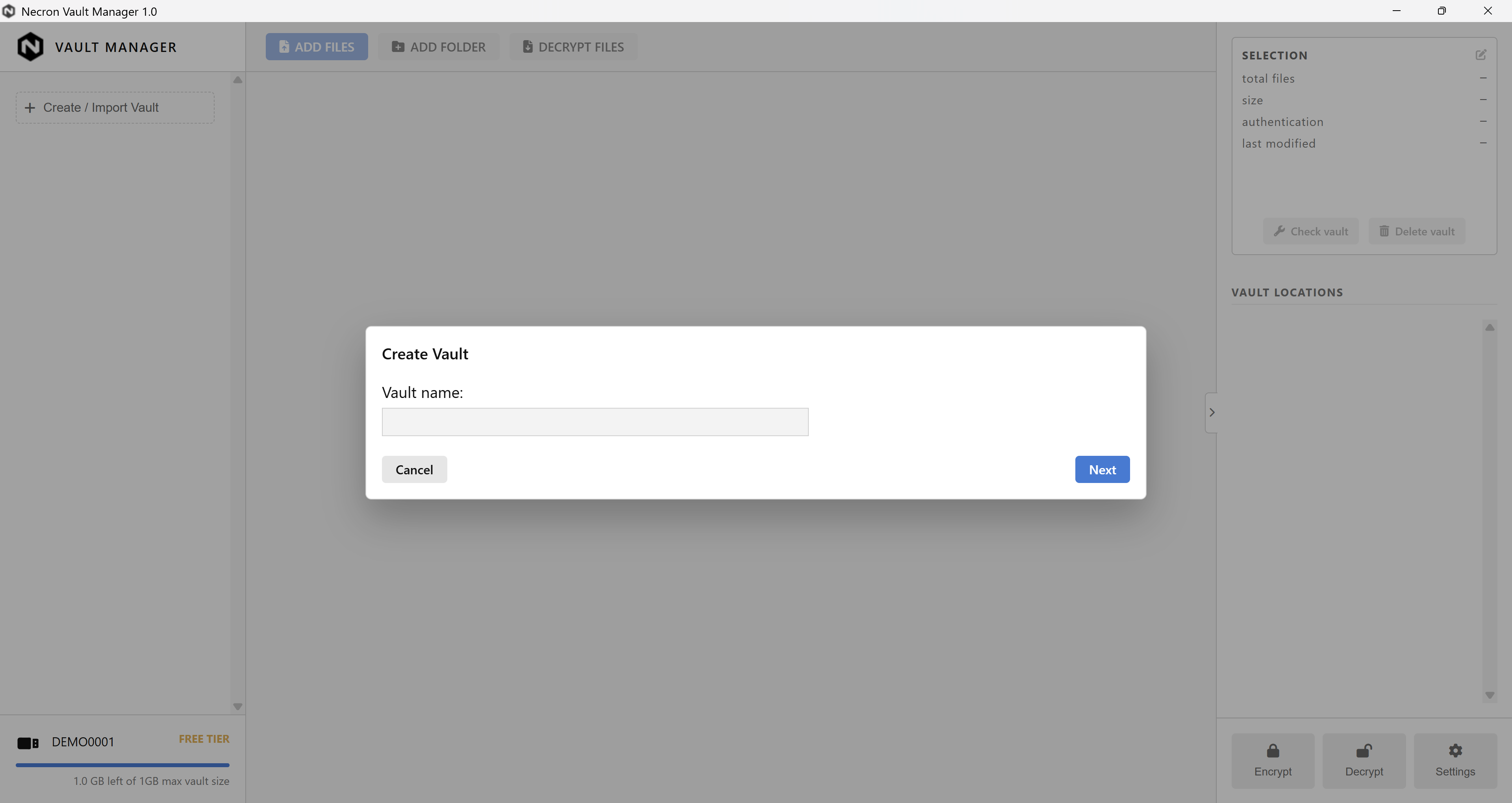 Create Vault wizard — enter a vault name